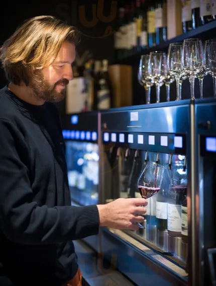 Photo of a wine bar in Bordeaux featuring a self-service wine machine.